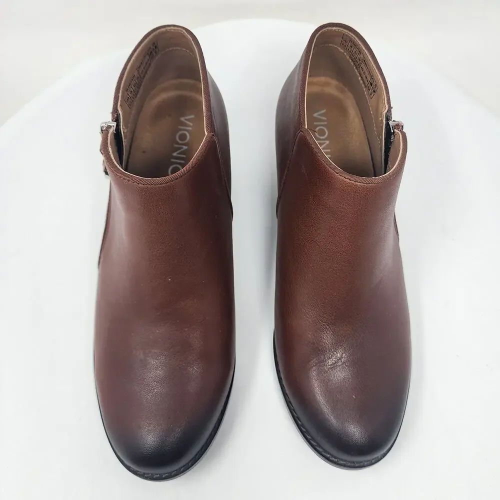 Vionic Jolene Bootie Women 6.5 Brown Leather Burnished Toe Side Zip Boots VS350